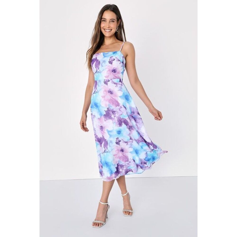 Lulus Radiant Feelings Blue And Purple Floral Chiffon Midi Dress - Size M